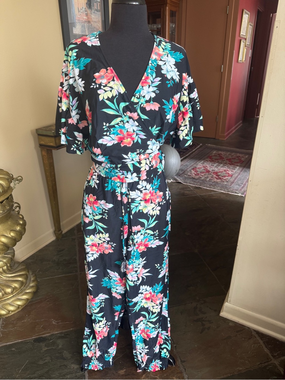 Tommy Bahama Floral Wrap Set - Top & Pants - in Black with Pink & Teal Blooms